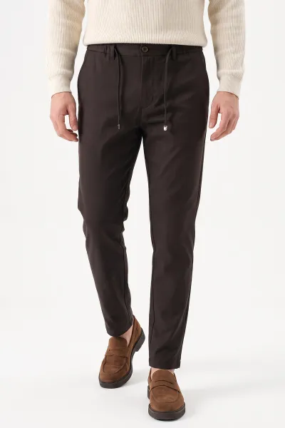 Kahverengi  Slim Fit Belden Bağlamalı Erkek Pantolon 493215