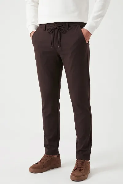 Kahverengi Slim Fit Belden Bağlamalı Erkek Pantolon 493279