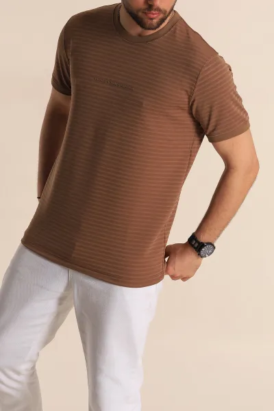 Kahverengi Slim Fit Çizgi Detay Likralı Erkek Tişört 268684