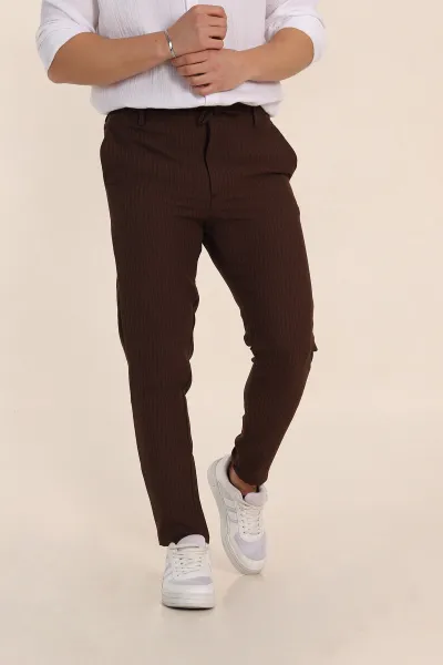 Kahverengi Slim Fit Çizgili Gofre Kumaş Erkek Pantolon 351864