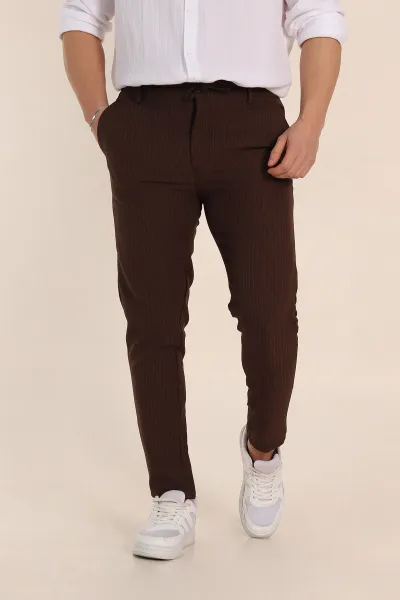 Kahverengi Slim Fit Çizgili Gofre Kumaş Erkek Pantolon 351864