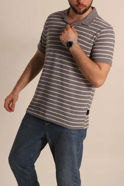 Kahverengi Slim Fit Çizgili Polo Yaka Erkek Tişört 276016