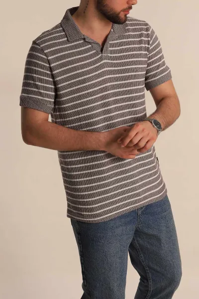 Kahverengi Slim Fit Çizgili Polo Yaka Erkek Tişört 276016