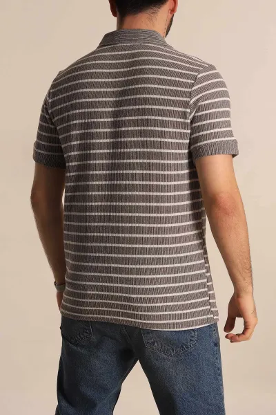 Kahverengi Slim Fit Çizgili Polo Yaka Erkek Tişört 276016