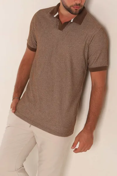Kahverengi Slim Fit Fitilli Doku Polo Yaka Erkek Tişört 262703