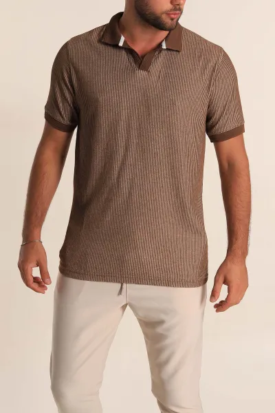 Kahverengi Slim Fit Fitilli Doku Polo Yaka Erkek Tişört 262703