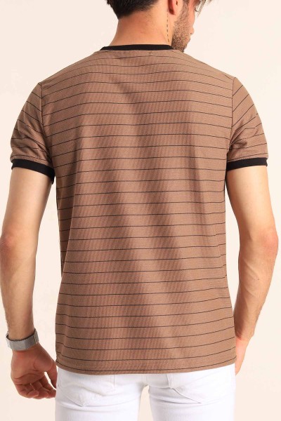 Kahverengi Slim Fit Kabartma Yazılı Çizgili Erkek Tişört 186845