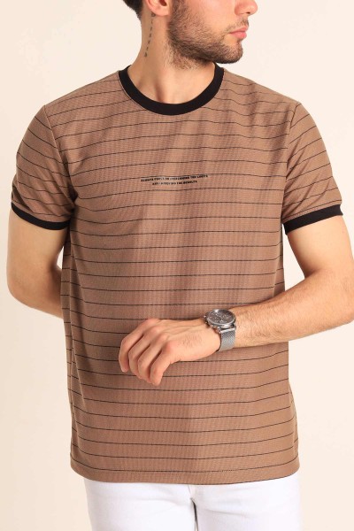 Kahverengi Slim Fit Kabartma Yazılı Çizgili Erkek Tişört 186845