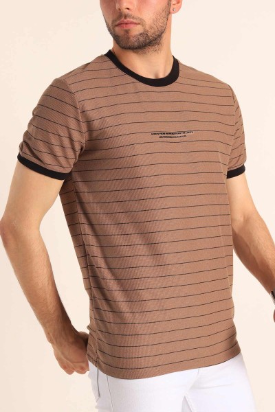 Kahverengi Slim Fit Kabartma Yazılı Çizgili Erkek Tişört 186845