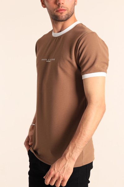 Kahverengi Slim Fit Kabartma Yazılı Erkek Tişört 186799