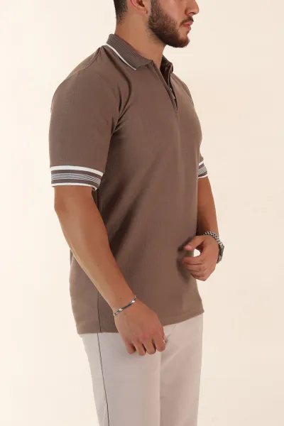 Kahverengi Slim Fit Kol Detaylı Fermuarlı Polo Yaka Erkek Triko Tişört 369510