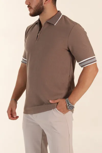 Kahverengi Slim Fit Kol Detaylı Fermuarlı Polo Yaka Erkek Triko Tişört 369510