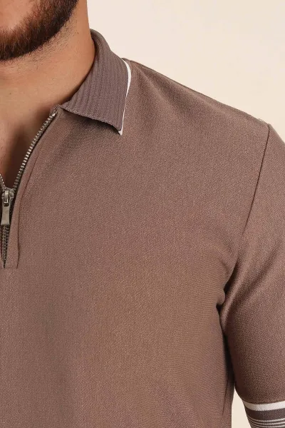 Kahverengi Slim Fit Kol Detaylı Fermuarlı Polo Yaka Erkek Triko Tişört 369510