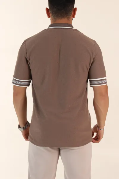 Kahverengi Slim Fit Kol Detaylı Fermuarlı Polo Yaka Erkek Triko Tişört 369510