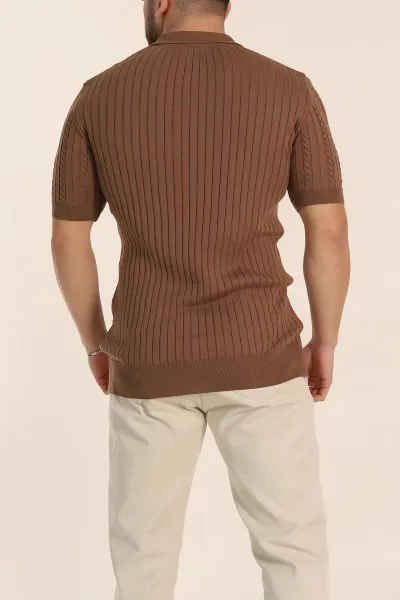 Kahverengi Slim Fit Örgü Desenli Polo Yaka Kısa Kollu Erkek Triko Tişört 342769