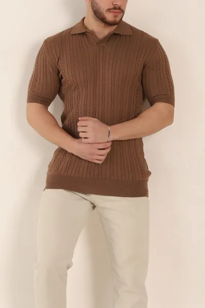 Kahverengi Slim Fit Örgü Desenli Polo Yaka Kısa Kollu Erkek Triko Tişört 342769