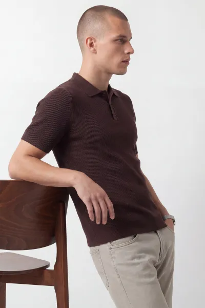 Kahverengi Slim Fit Polo Yaka Triko Erkek Tişört 449052