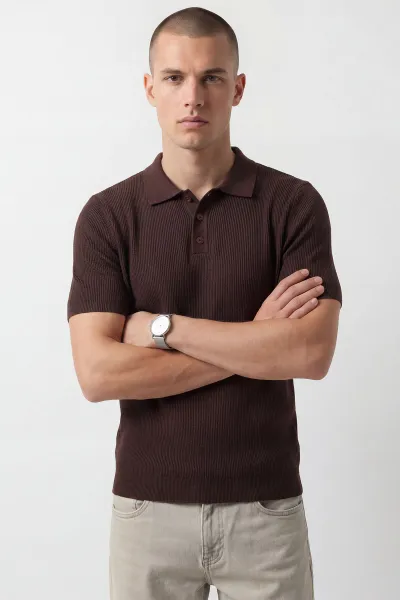 Kahverengi Slim Fit Polo Yaka Triko Erkek Tişört 449052