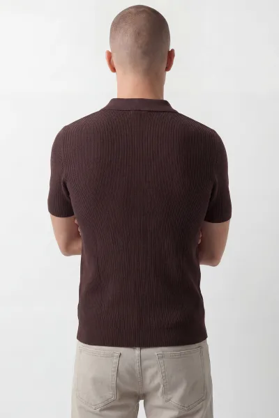 Kahverengi Slim Fit Polo Yaka Triko Erkek Tişört 449052