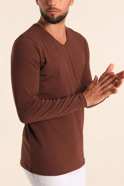 Kahverengi Slim Fit V Yaka Likralı Basic Erkek Sweatshirt 234991