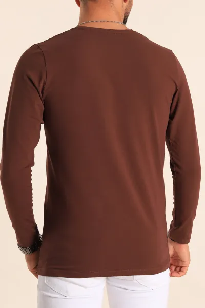Kahverengi Slim Fit V Yaka Likralı Basic Erkek Sweatshirt 234991