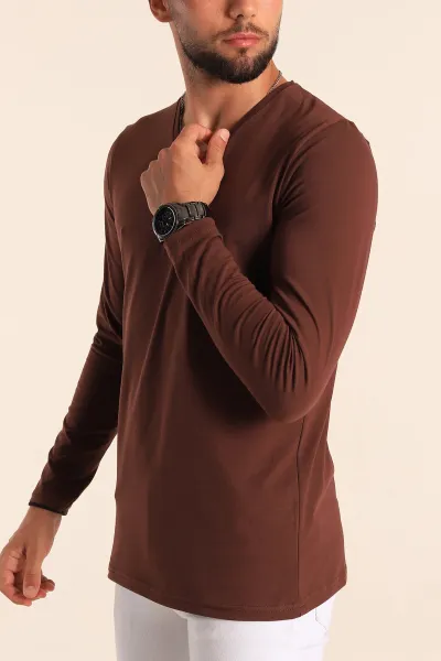 Kahverengi Slim Fit V Yaka Likralı Basic Erkek Sweatshirt 234991