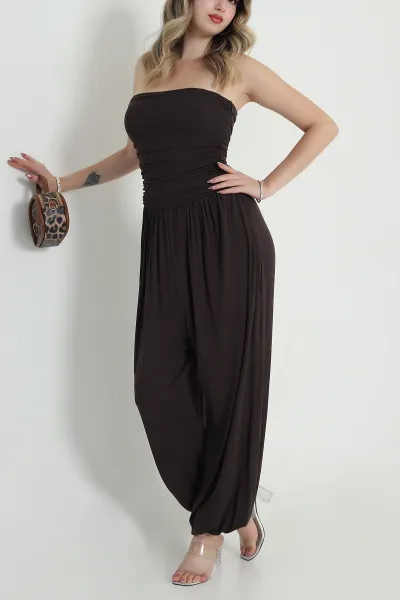 Kahverengi Straplez Balon Viskon Kadın Tulum 478766