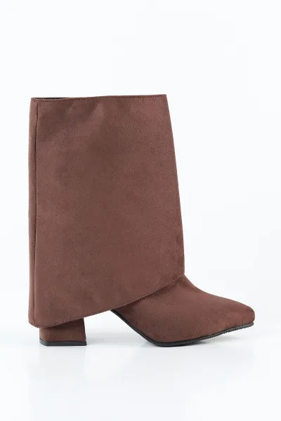 Kahverengi Süet Fermuarlı Kadın Topuklu Çizme Bot 491142