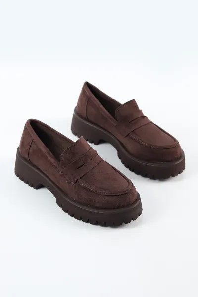 Kahverengi Süet Kalın Taban Kadın Loafer Ayakkabı 492094