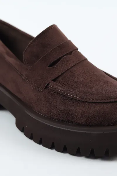 Kahverengi Süet Kalın Taban Kadın Loafer Ayakkabı 492094
