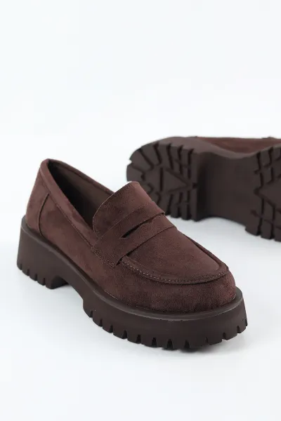 Kahverengi Süet Kalın Taban Kadın Loafer Ayakkabı 492094