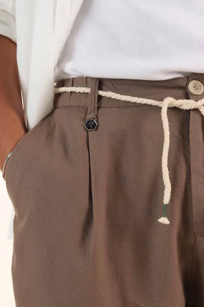 Kahverengi Süper Baggy Keten Bel Lastikli Erkek Pantolon 380960