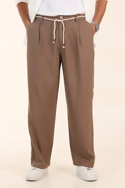 Kahverengi Süper Baggy Keten Bel Lastikli Erkek Pantolon 380960