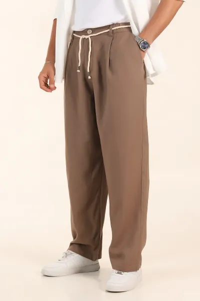 Kahverengi Süper Baggy Keten Bel Lastikli Erkek Pantolon 380960