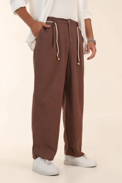 Kahverengi Süper Baggy Keten Belden Bağlamalı Erkek Pantolon 380890