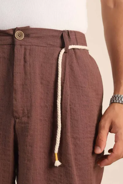 Kahverengi Süper Baggy Keten Belden Bağlamalı Erkek Pantolon 380890
