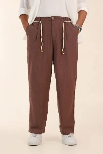 Kahverengi Süper Baggy Keten Belden Bağlamalı Erkek Pantolon 380890