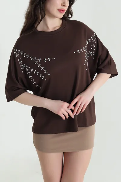 Kahverengi Taş İşlemeli Modal Kadın Bluz 452747