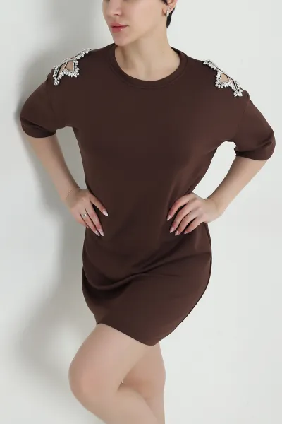 Kahverengi Taş İşlemeli Modal Kadın Elbise 461558