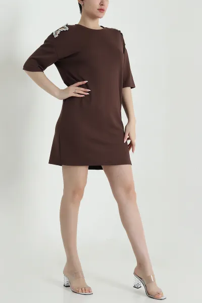 Kahverengi Taş İşlemeli Modal Kadın Elbise 461558