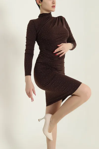 Kahverengi Taşlı Büzgülü Likralı Sandy Kadın Elbise 433191