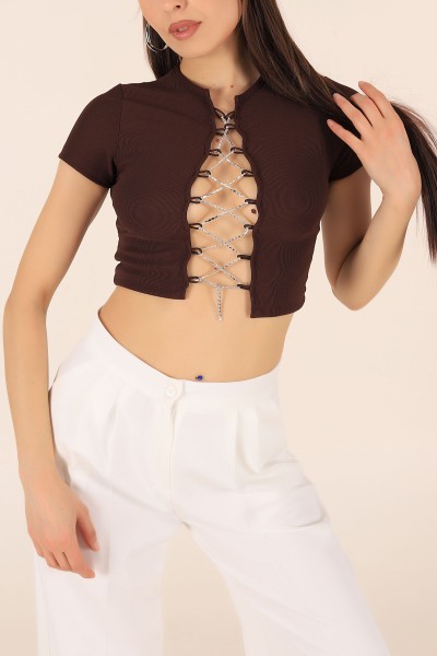 . Kahverengi Taşlı Fitilli Bluz 173064