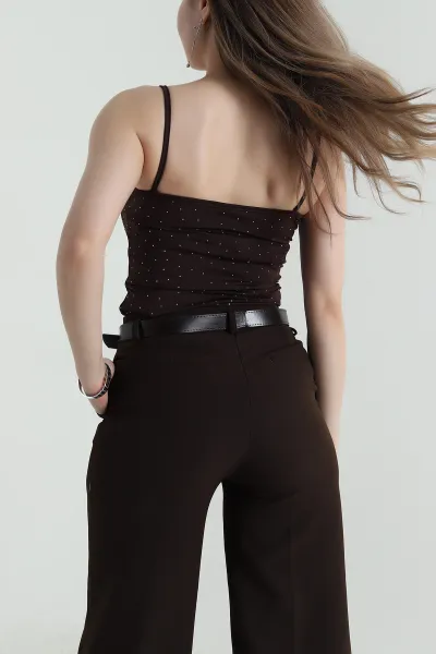 Kahverengi Taşlı Likralı Sandy Kadın Zıbın Bluz 458235