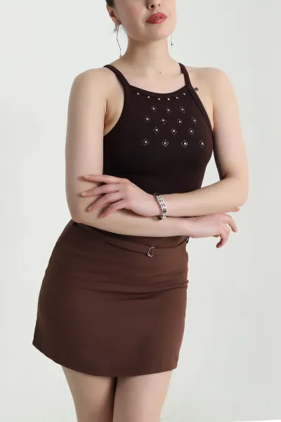 Kahverengi Taşlı Modal Kadın Atlet Bluz 455068
