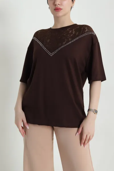 Kahverengi Taşlı Modal Kadın Bluz 461019