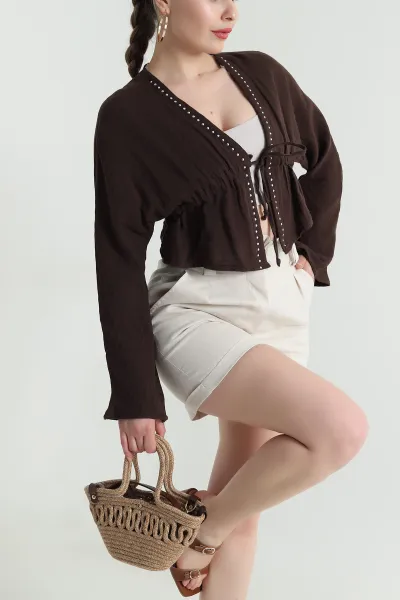Kahverengi Taşlı Müslin Keten Kadın Kimono Bluz 466281