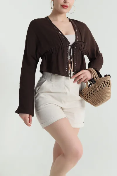 Kahverengi Taşlı Müslin Keten Kadın Kimono Bluz 466281