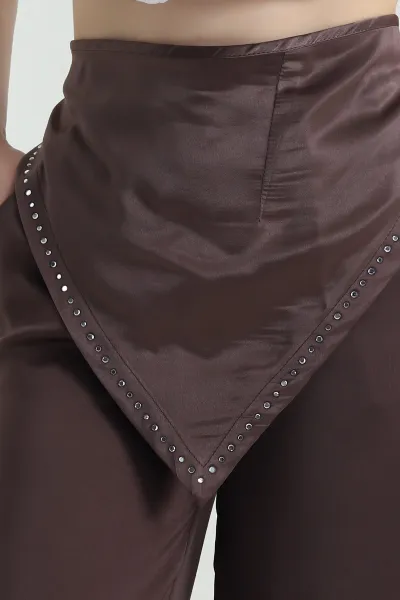 Kahverengi Taşlı Saten Kadın Pantolon 453920