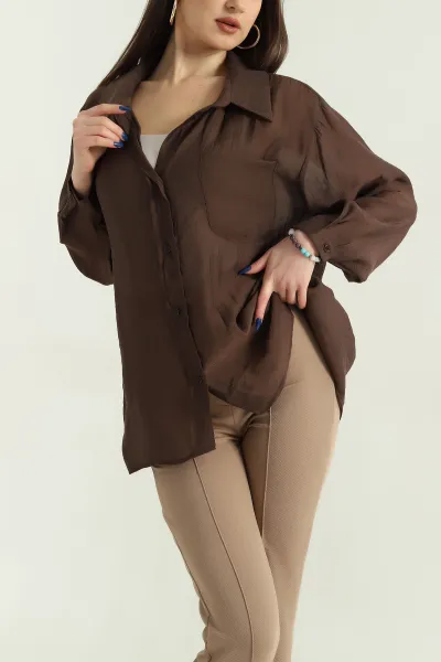 Kahverengi Tek Cep Oversize Dokuma Bayan Gömlek 336958