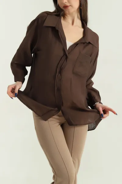 Kahverengi Tek Cep Oversize Dokuma Bayan Gömlek 336958